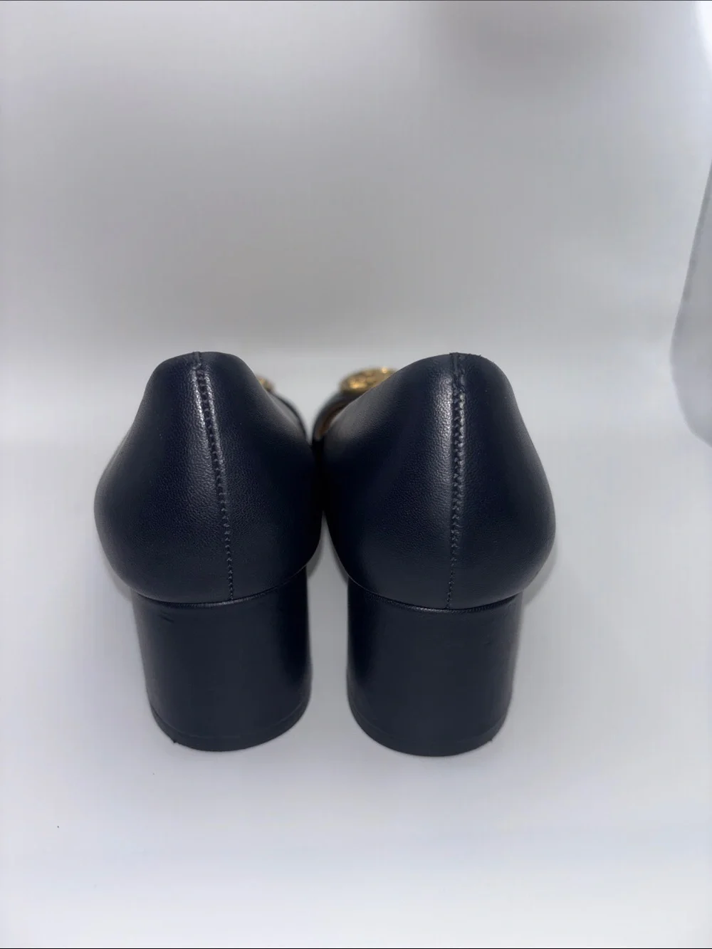 Tory Burch Navy Leather Logo Block Heels